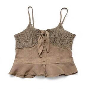 Tan crochet cropped tank top faux button tie closure smock adjustable straps